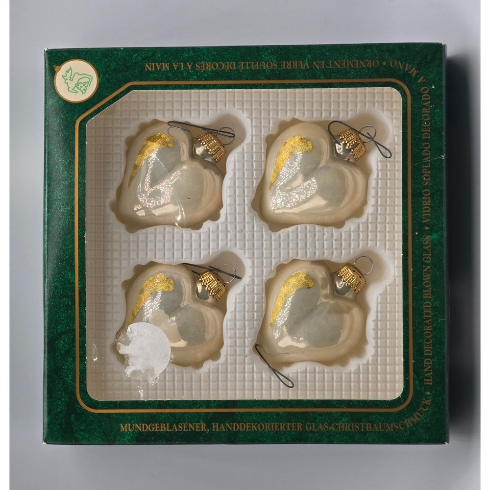 Vintage Lauscha‎ Glass German Hand Blown Glass Heart Ornaments Set of 4 w/ Box